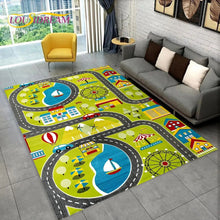 Highway City Traffic Playmat non-slip kids rug featuring a road grid design shown on a living room floor, perfect for sibling floor play.
