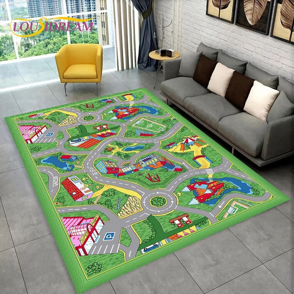 Highway City Traffic Playmat non-slip kids rug featuring a road layout design shown on a gray floor, perfect for everyday floor play.