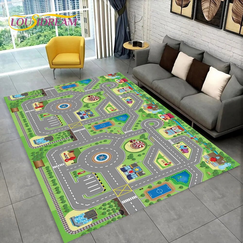 Highway City Traffic Playmat non-slip kids rug featuring a road play network design shown on a living room floor, perfect for toddler floor play.
