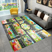 Highway City Traffic Playmat non-slip kids rug featuring a road design shown on a gray floor, perfect for everyday floor play.
