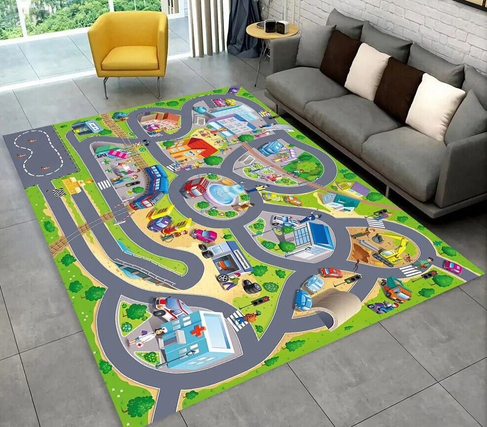 Highway City Traffic Playmat non-slip kids rug featuring a road design shown on a gray floor, perfect for crawling and tummy time.