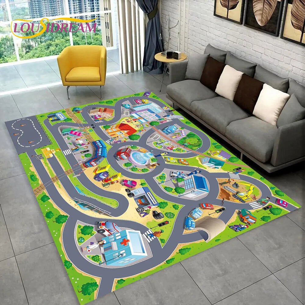 Highway City Traffic Playmat non-slip kids rug featuring a road design shown on a living room floor, perfect for everyday floor play.