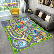 Highway City Traffic Playmat non-slip kids rug featuring a road design shown on a living room floor, perfect for everyday floor play.