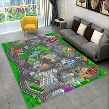 Highway City Traffic Playmat non-slip kids rug featuring a road design shown on a living room floor, perfect for keeping kids entertained indoors.