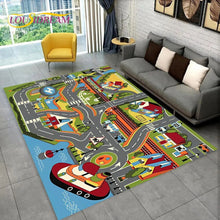 Highway City Traffic Playmat non-slip kids rug featuring a road design shown on a living room floor, perfect for quiet time activities.