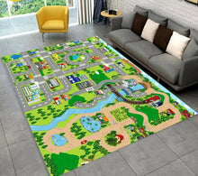 Highway City Traffic Playmat non-slip kids rug featuring a roads design shown on a gray floor, perfect for daycare and classroom play.