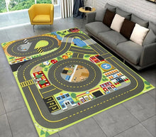 Highway City Traffic Playmat non-slip kids rug featuring a roads design shown on a gray floor, perfect for playroom decor and daily play.