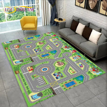 Highway City Traffic Playmat non-slip kids rug featuring a roads design shown on a living room floor, perfect for keeping kids entertained indoors.