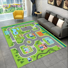 Highway City Traffic Playmat non-slip kids rug featuring a roadway grid design shown on a living room floor, perfect for learning road safety through play.