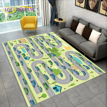 Highway City Traffic Playmat non-slip kids rug featuring a route design shown on a living room floor, perfect for nursery and bedroom decor.