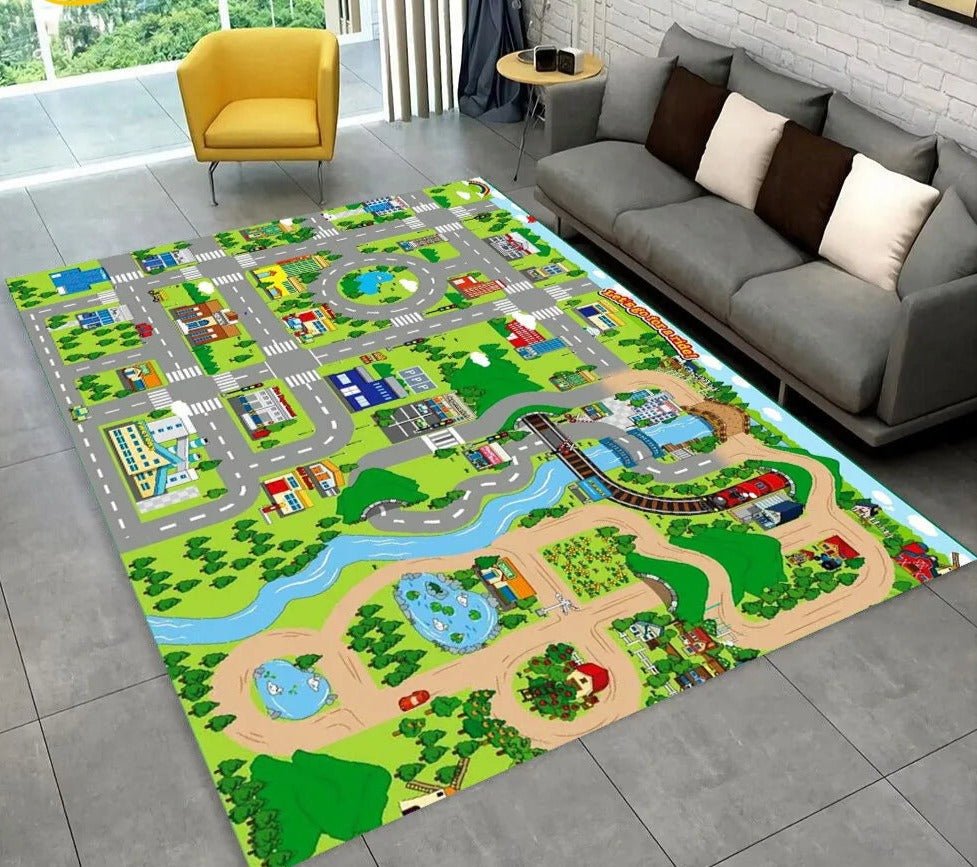 Highway City Traffic Playmat non-slip kids rug featuring a street grid design shown on a gray floor, perfect for learning road safety through play.