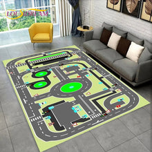 Highway City Traffic Playmat non-slip kids rug featuring a street map design shown on a living room floor, perfect for after-school playtime.