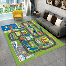 Highway City Traffic Playmat non-slip kids rug featuring a street design shown on a gray floor, perfect for family game night on the floor.