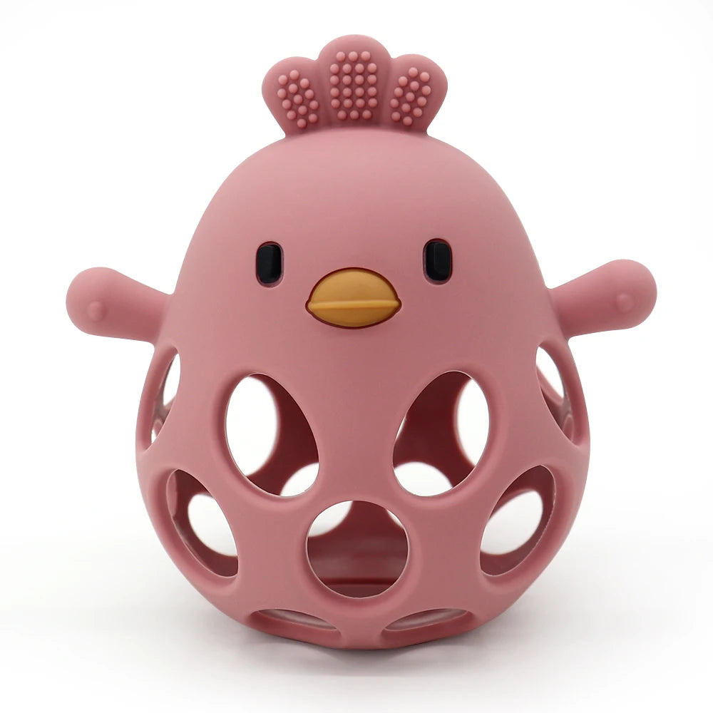 Dark pink hollow silicone chick teether with a textured comb