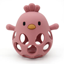 Dark pink hollow silicone chick teether with a textured comb