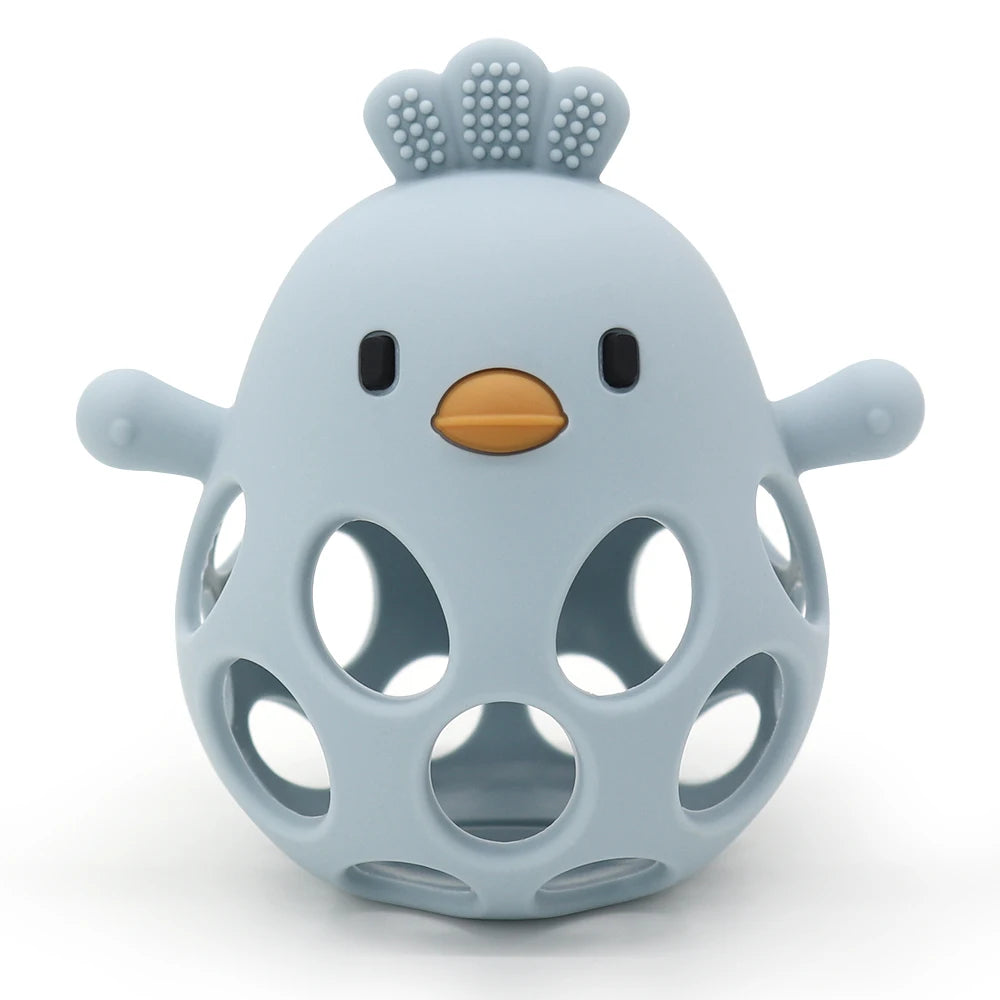 Dusty blue hollow silicone chick teether with a textured comb
