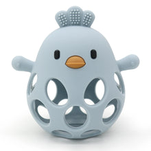 Dusty blue hollow silicone chick teether with a textured comb