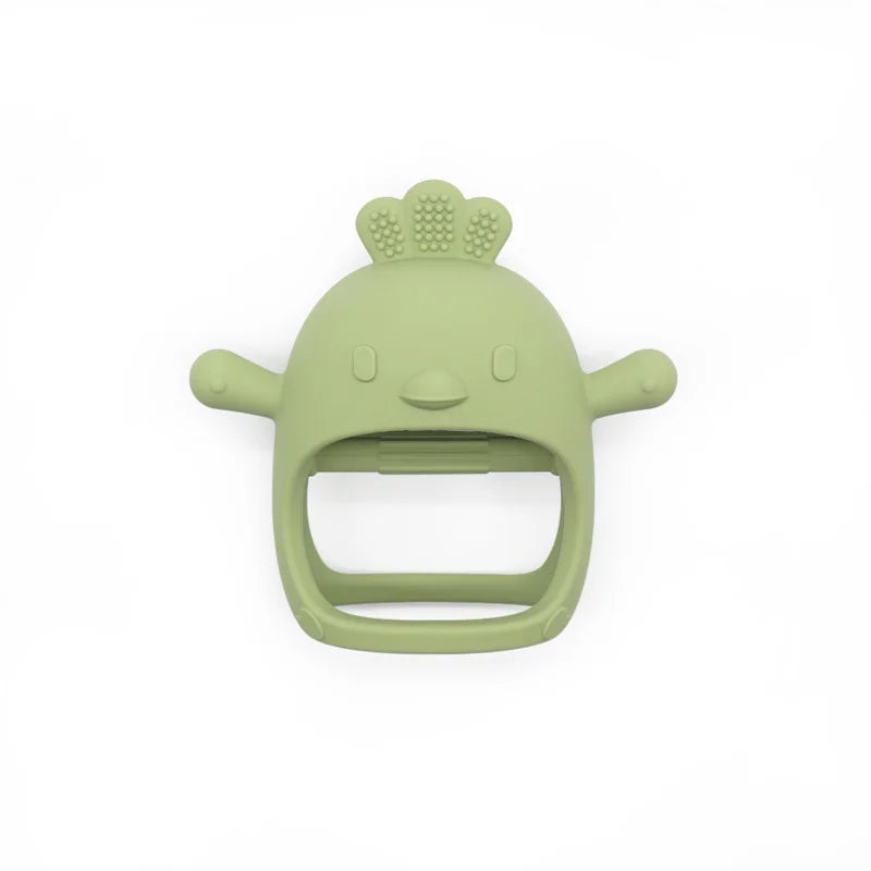 Green silicone teether with a textured comb on top and an open frame