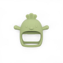 Green silicone teether with a textured comb on top and an open frame
