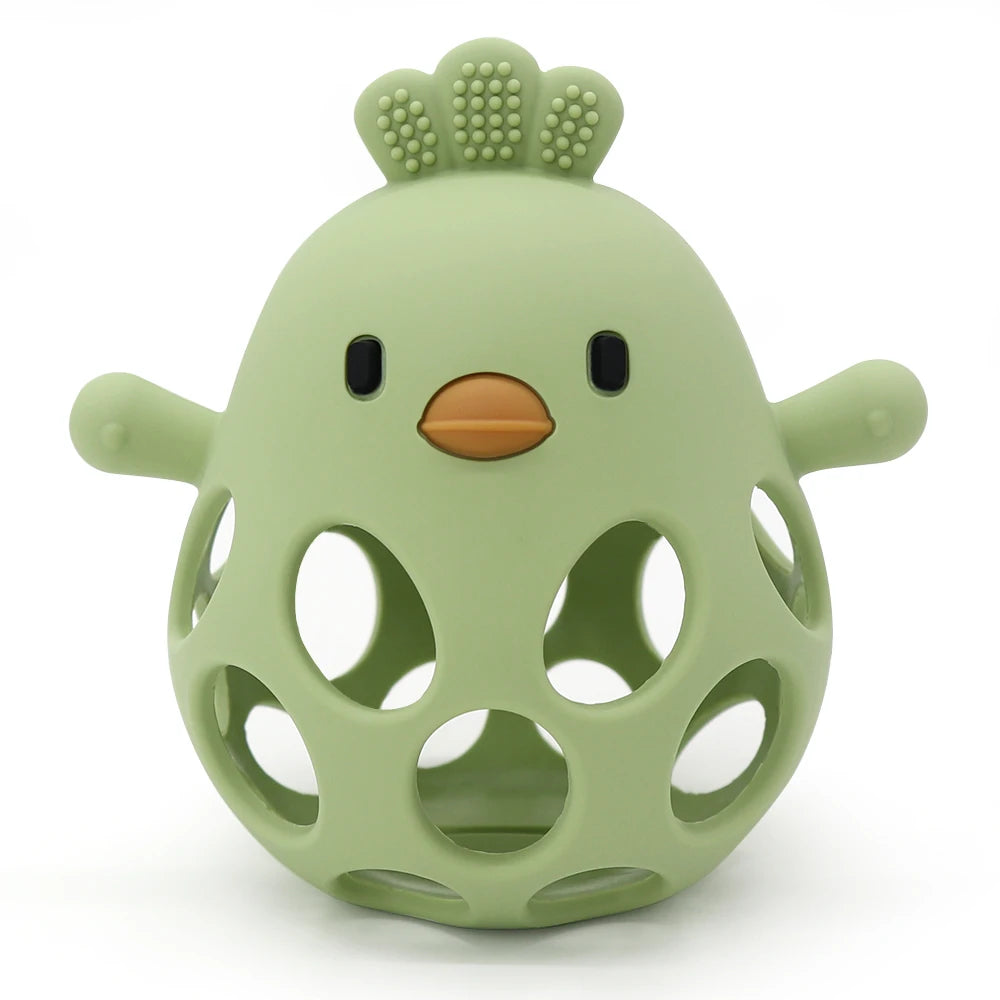 Olive green hollow silicone chick teether with a textured comb
