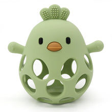 Olive green hollow silicone chick teether with a textured comb