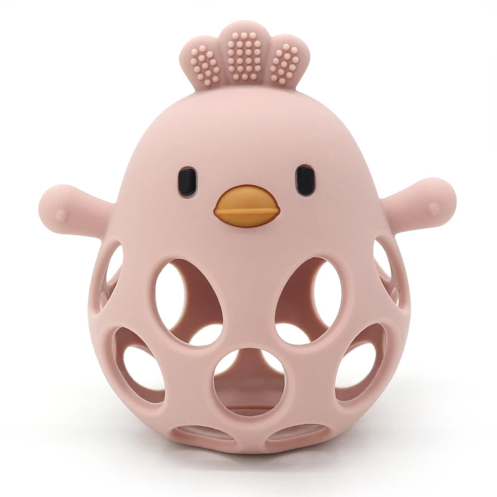 Rose pink hollow silicone chick teether with a textured comb