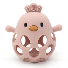 Rose pink hollow silicone chick teether with a textured comb