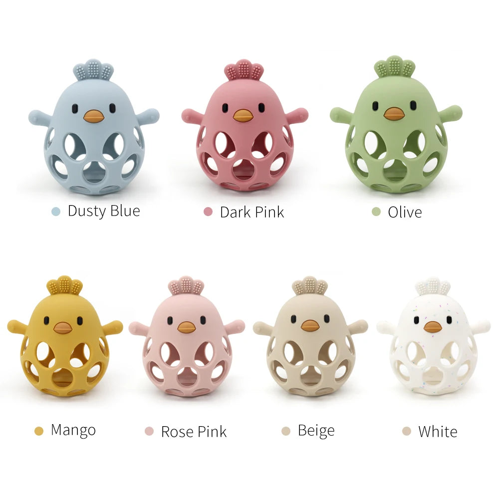 Seven silicone chick teethers in dusty blue, dark pink, olive, mango, rose pink, beige and white