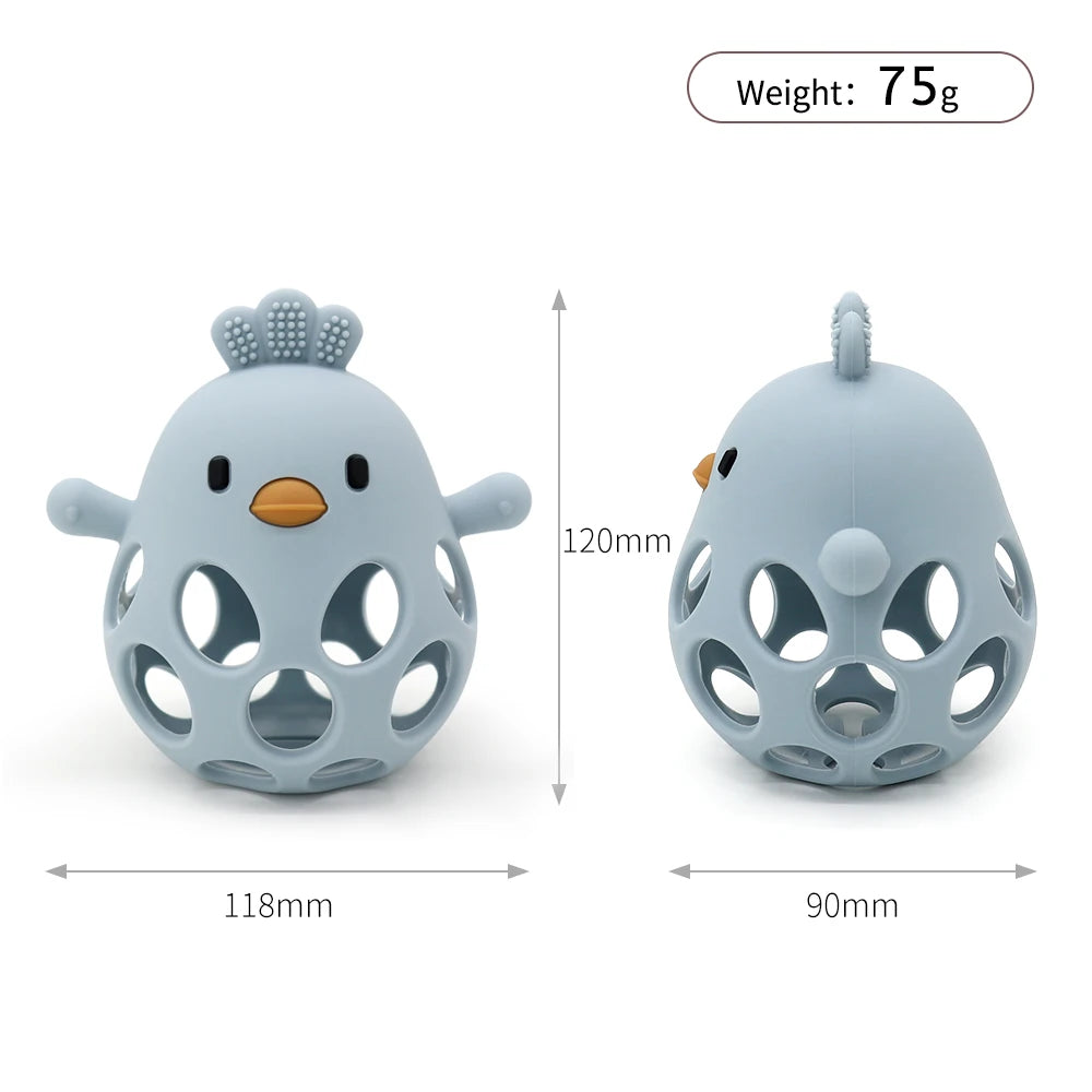 Dusty blue silicone chick teether with size 120 mm by 118 mm by 90 mm and weight 75 g