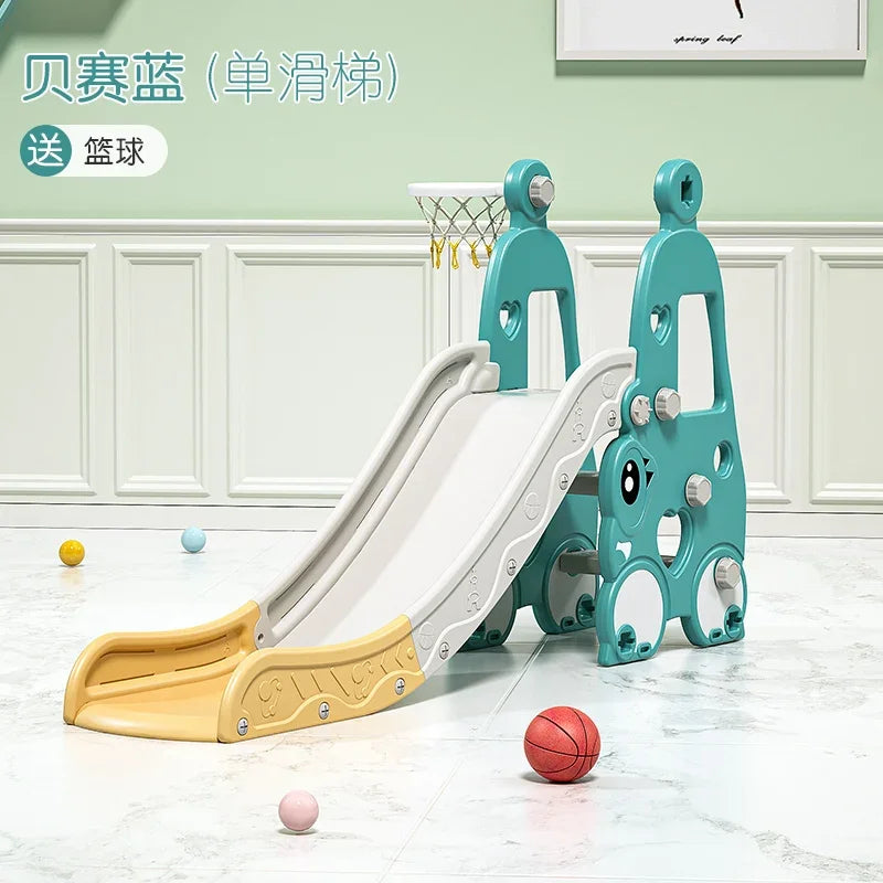Children's slide with basketball hoop and balls on a light wooden floor.