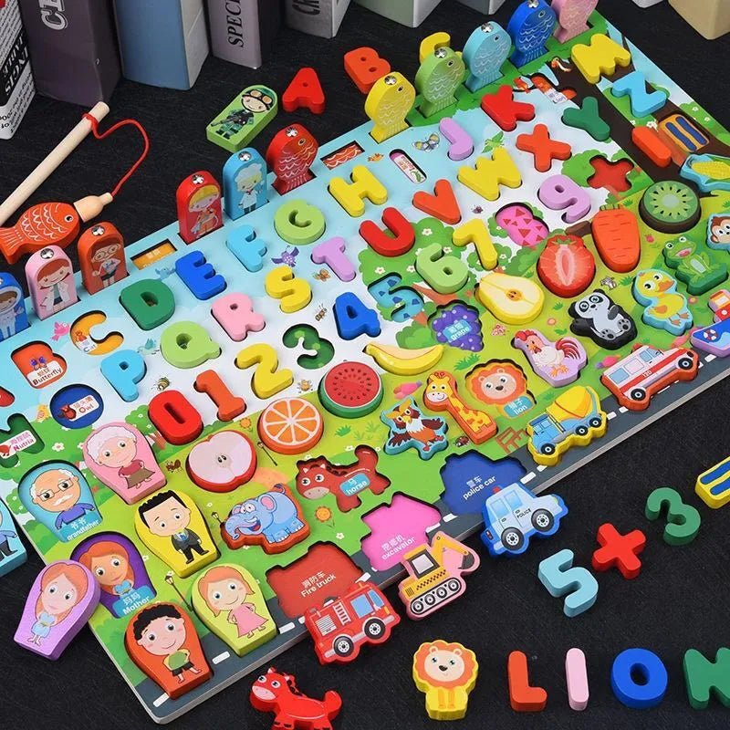 Montessori wooden math puzzle for homeschool use with magnetic letters and numbers for daily learning routines.