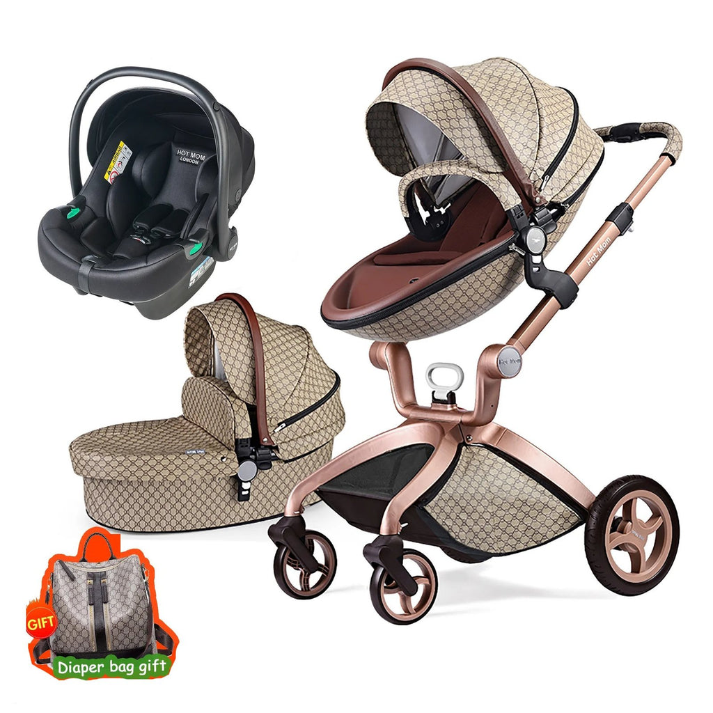 Hot Mom 3-in-1 baby stroller travel system with rose gold accents for newborn outings and daily use.