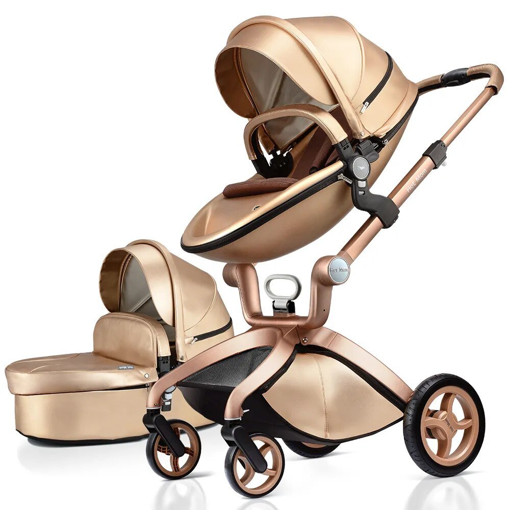 Hot Mom 3-in-1 high landscape gold stroller with bassinet for newborn comfort on the go.