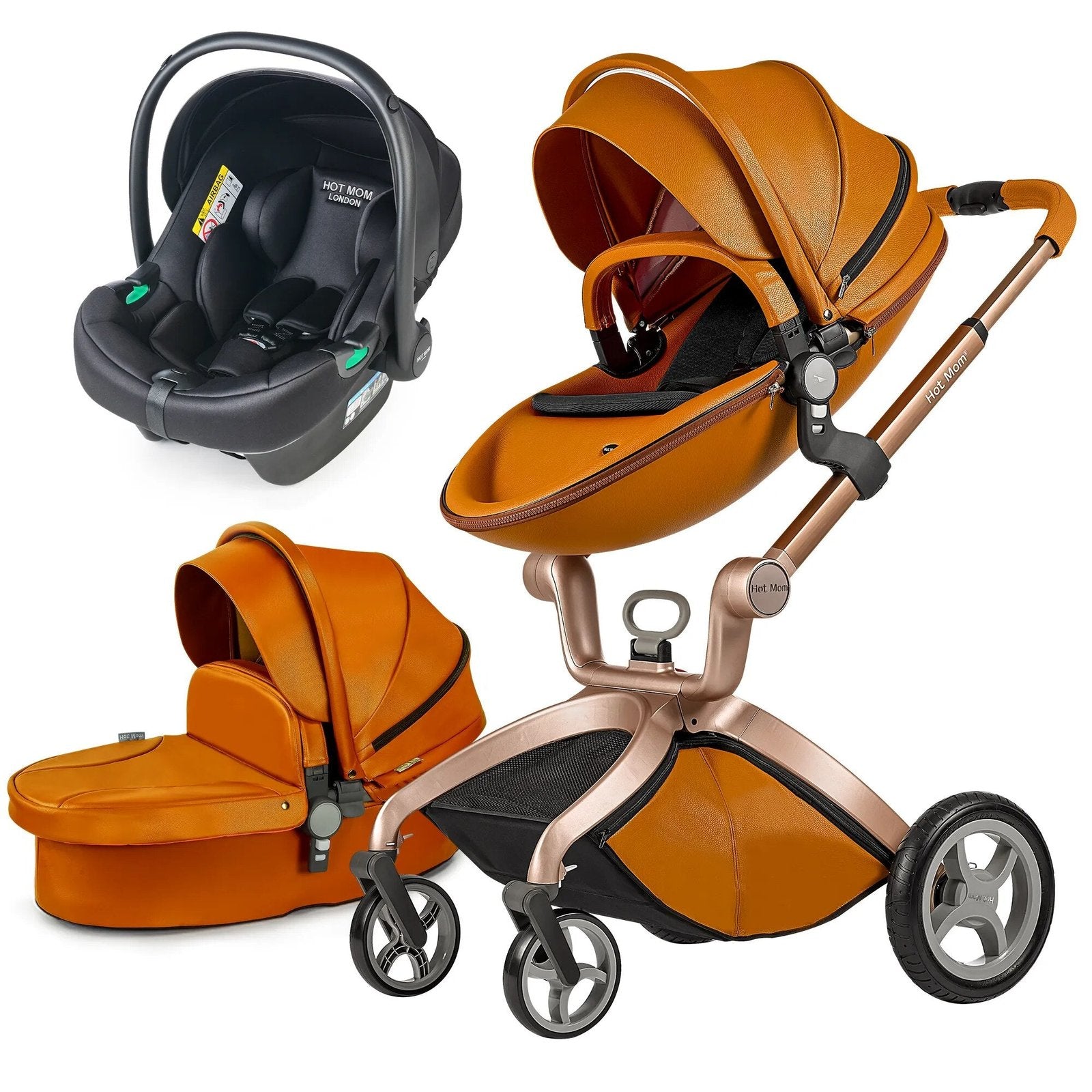 Hot Mom 3-in-1 high landscape orange stroller and car seat for everyday urban outings.