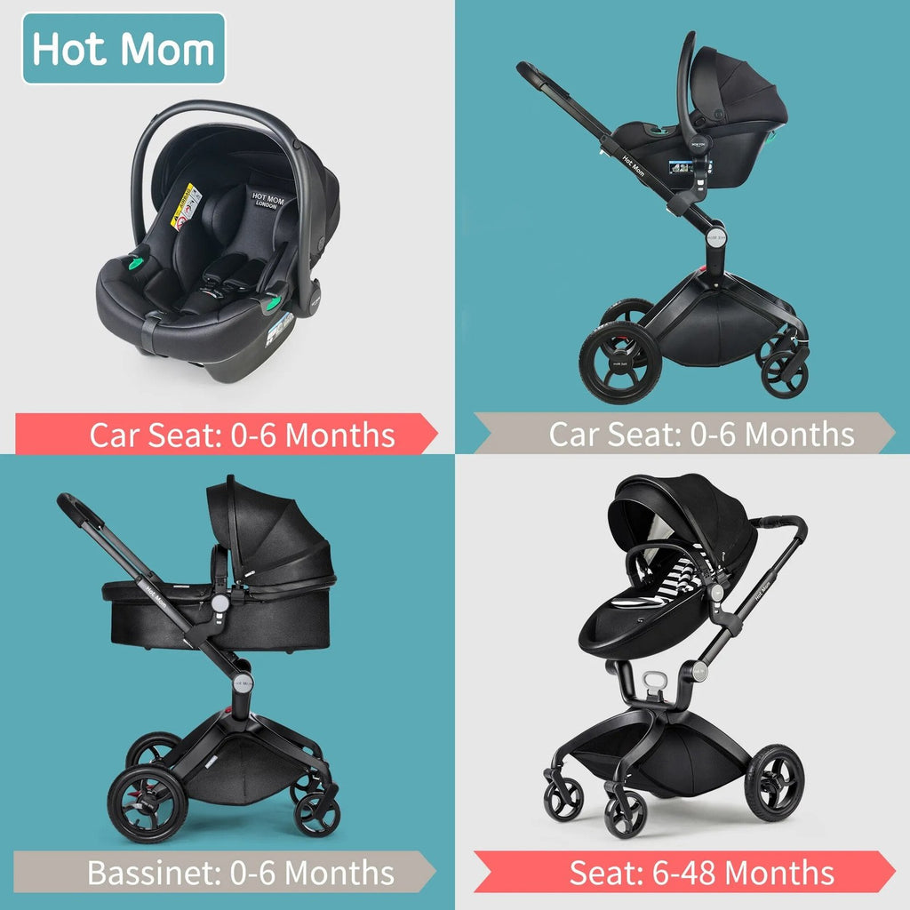 Hot Mom 3-in-1 stroller with car seat, bassinet, and carrycot for newborn travel and naps.