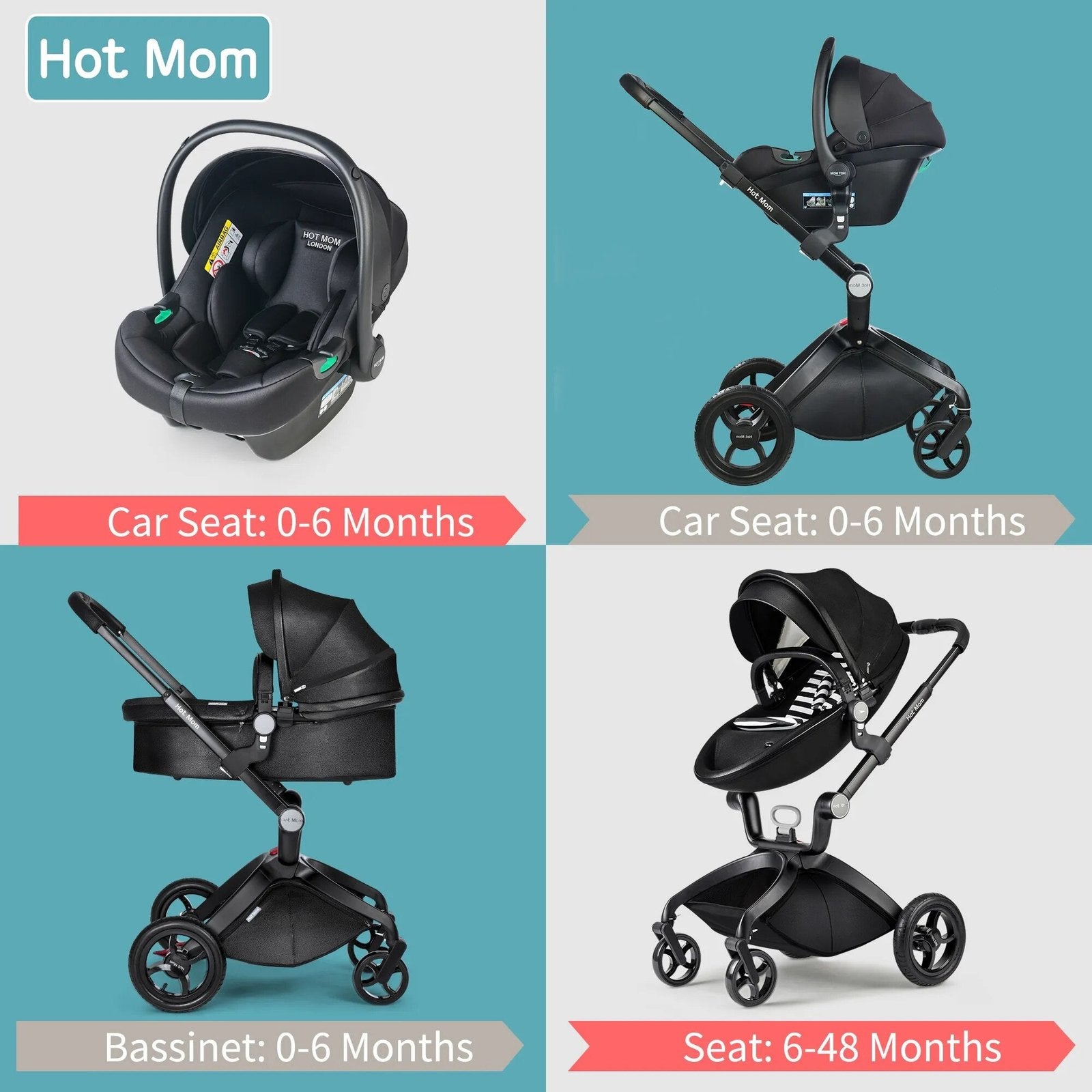 Hot Mom 3-in-1 stroller with car seat, bassinet, and carrycot for newborn travel and naps.