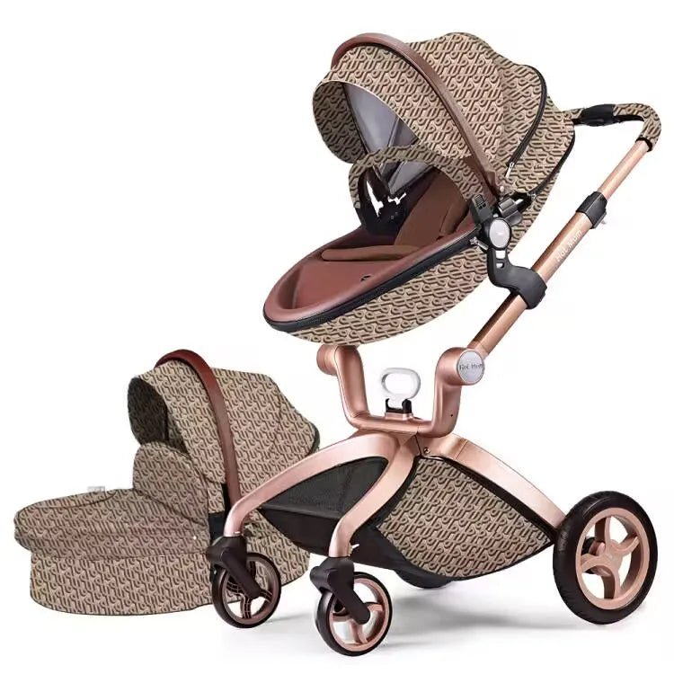 Hot Mom 3-in-1 patterned stroller with canopy and rose gold accents for sun protection outings.
