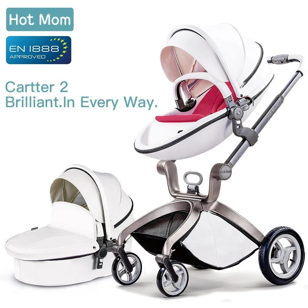 Hot Mom 3-in-1 high landscape stroller in white and red with a canopy for sun protection outdoors.