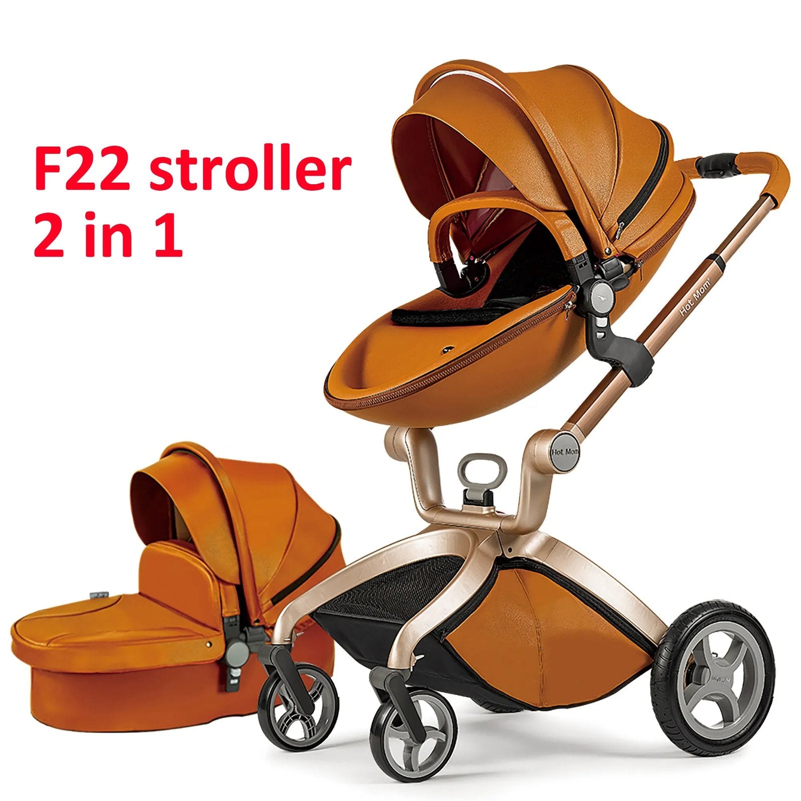 Hot Mom F22 2-in-1 stroller with bassinet shown on white background for travel-friendly use.