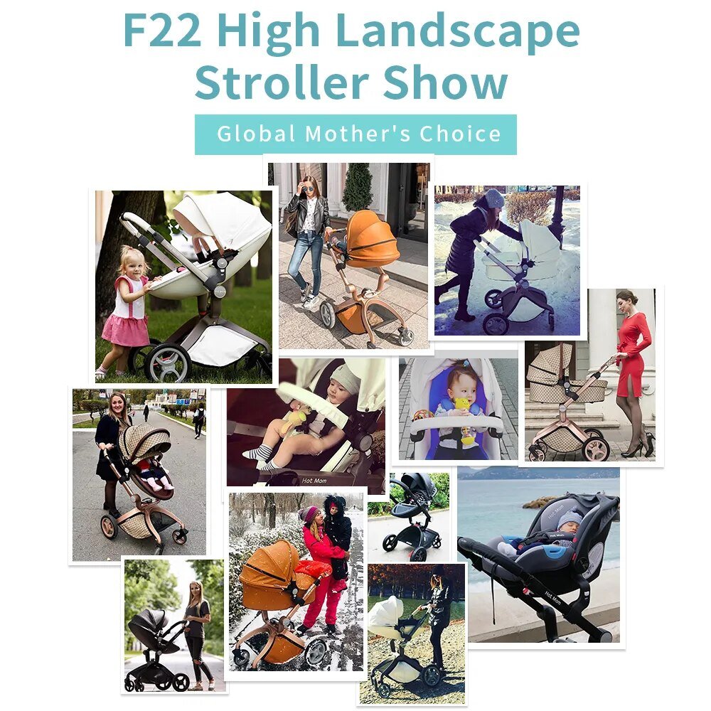 Hot Mom F22 high landscape luxury 3-in-1 stroller collage showing travel-ready features for parents.