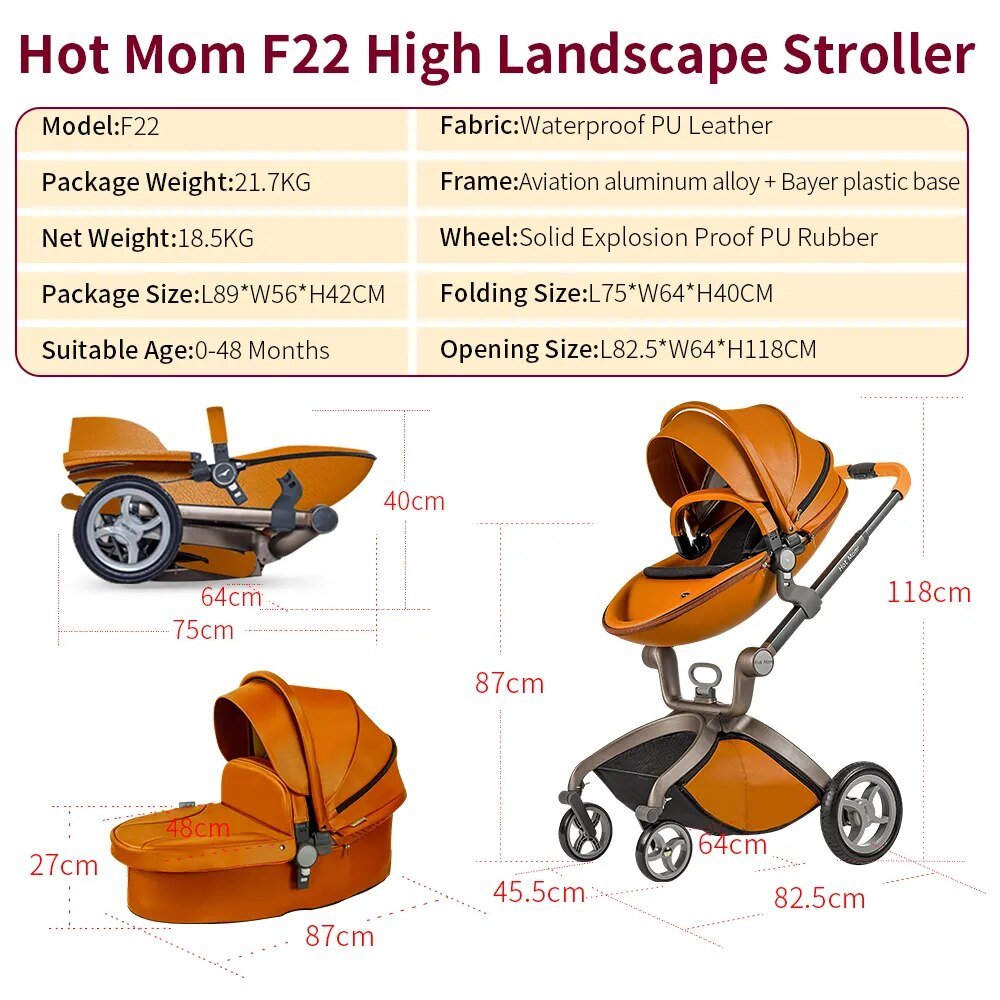 Hot Mom F22 3-in-1 baby stroller with bassinet showing specifications and dimensions for buyers.