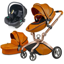 Hot Mom high landscape 3-in-1 orange stroller offering a smooth ride for outdoor strolls.
