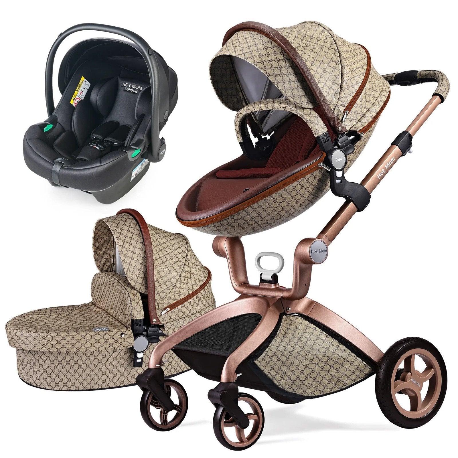 Hot Mom high landscape 3-in-1 stroller with a lightweight rose gold frame for easy handling.