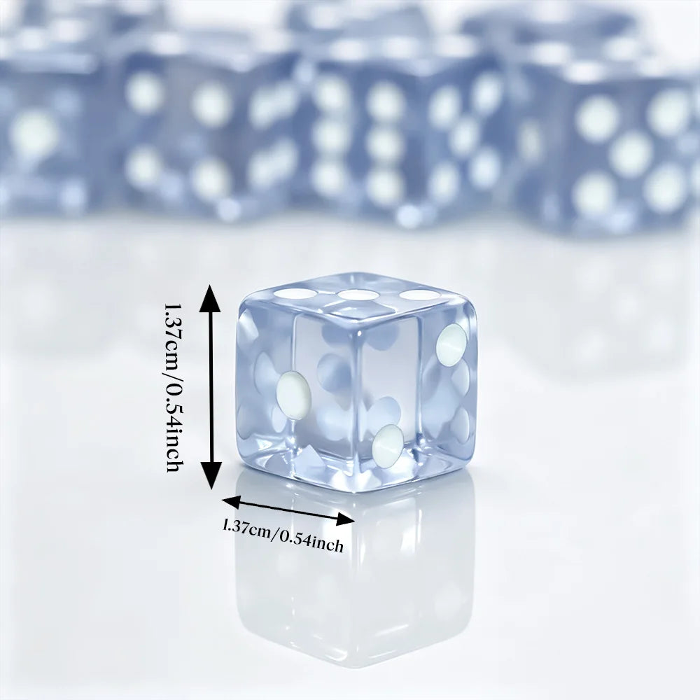 Transparent white-dot die with size markers of 1.37 cm (0.54 in) on each side