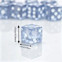 Transparent white-dot die with size markers of 1.37 cm (0.54 in) on each side