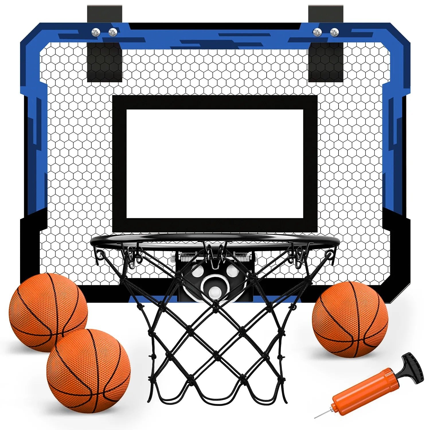 Indoor wall-mounted basketball hoop kids set with three basketballs and a pump included.