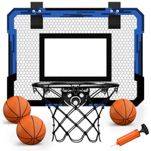 Indoor wall-mounted basketball hoop kids set with three basketballs and a pump included.