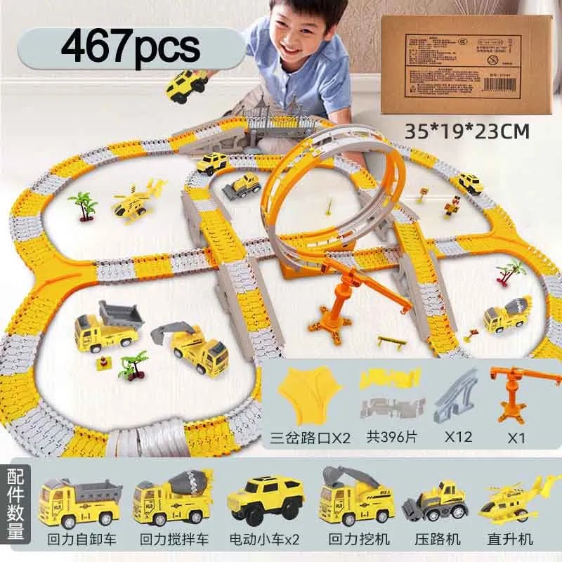 Toy track set with cars and accessories on a white background, featuring a child playing with it.