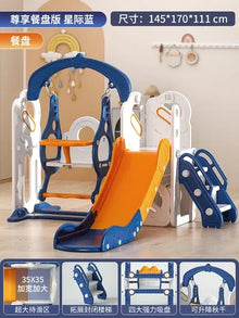 Children's play structure with slide and swing in a room setting