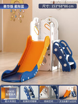 Children's slide with orange slide and blue steps.